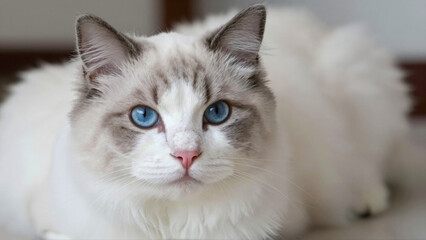 Close-up portrait of a beautiful Ragdoll cat, displaying its stunning piercing blue eyes and soft fluffy white fur, a picture of serene domestic feline elegance