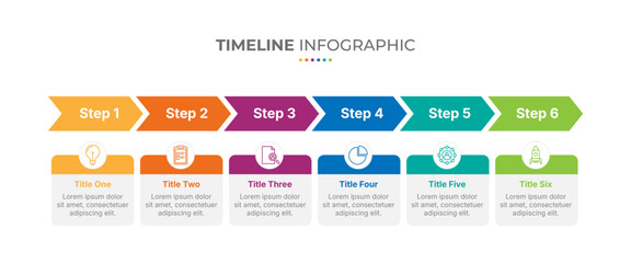 Timeline infographic presentation template with 6 steps or options. Six phase process infographic. Timeline with 6 arrow steps, six number options. Vector.