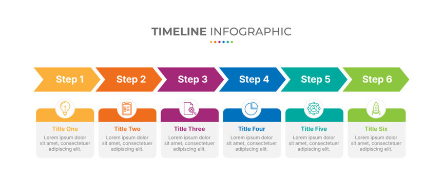 Timeline infographic presentation template with 6 steps or options. Six phase process infographic. Timeline with 6 arrow steps, six number options. Vector.