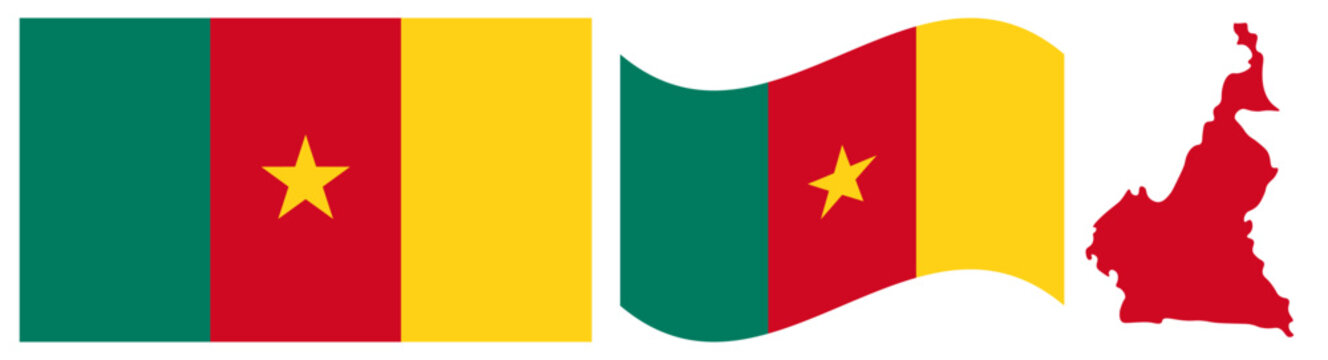 Cameroon Flag and Map Set. Official Green Red and Yellow Vertical Tricolor National Emblem with Gold Star Featuring Flat Design, Waving Flag Effect, and Country Map Silhouette Isolated