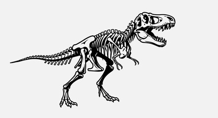 Detailed black and white illustration of a Tyrannosaurus Rex skeleton, showcasing its powerful structure and prehistoric form. © Intan