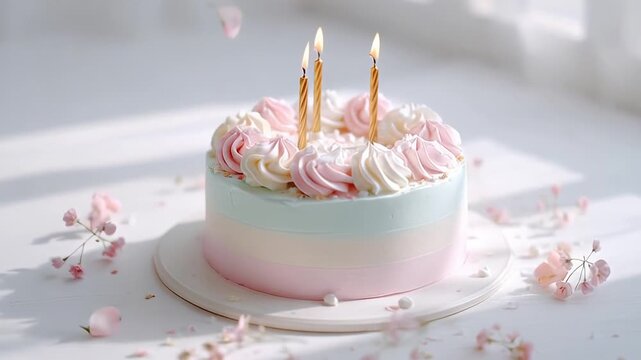 Pastel birthday cake with candles and pink floral decoration in soft light