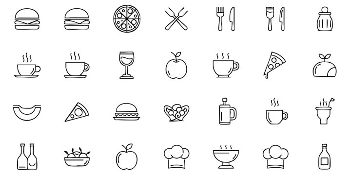 Collection of food and drink icons displayed in a grid layout on a clean white background from a straightforward viewpoint