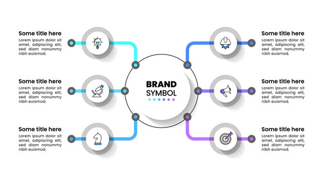 Infographic template. 6 connected circles with icons