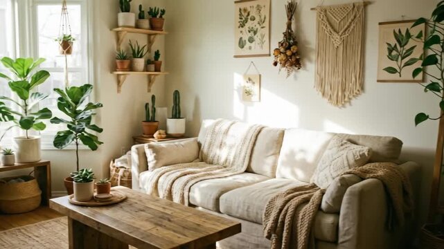 Bright and cozy living room filled with various indoor plants, featuring a comfortable sofa, wooden table, and decorative wall hangings in a sunlit space