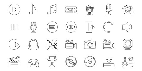 Collection of Simple Line Icons Representing Multimedia and Gaming Elements on a Clean Background