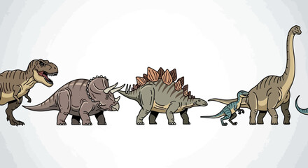 A lineup of various dinosaur species in a cartoon illustration against a white background. © herman