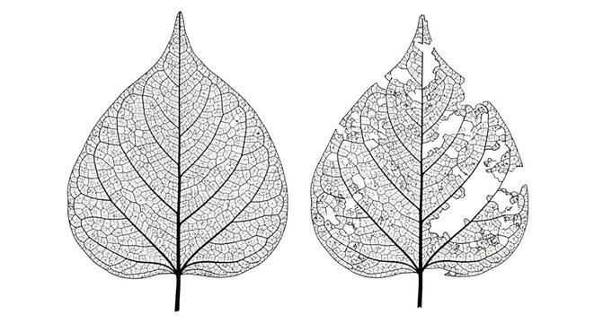 Two detailed skeletonized leaves, one intact and one partially eaten, showcasing intricate venation patterns.