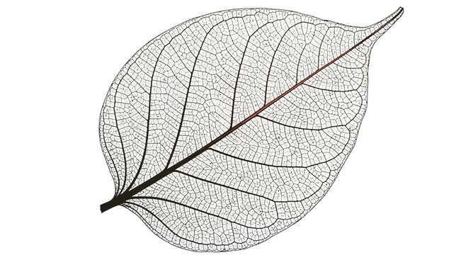 A delicate, intricate skeleton of a leaf showcasing its fine network of veins against a white background.