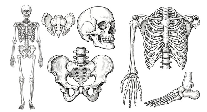 A detailed illustration showcasing various parts of the human skeletal system, including the full body, skull, rib cage, pelvis, arm, hand, and foot.