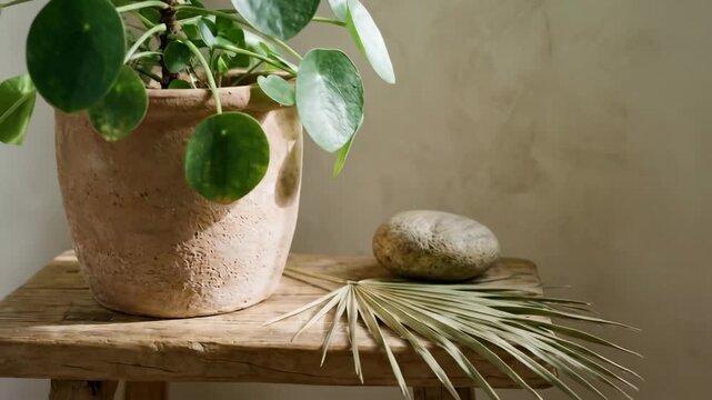 Potted green plant with round leaves on wooden stool beside smooth stone and dried palm leaf, illuminated by natural light from window in cozy interior setting