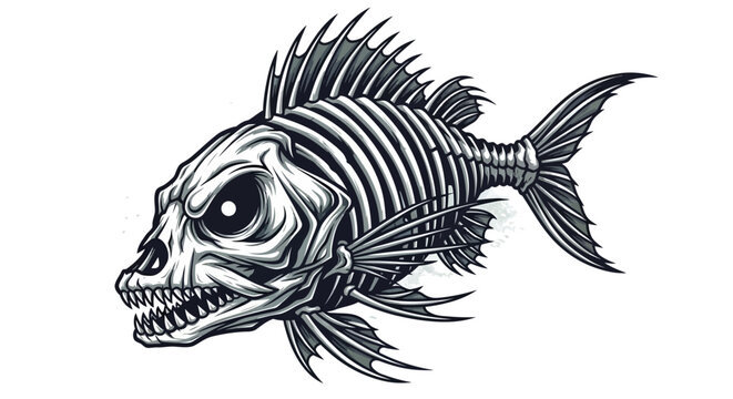 A detailed illustration of a skeletal fish with a skull-like head and sharp teeth, depicted in a menacing style.