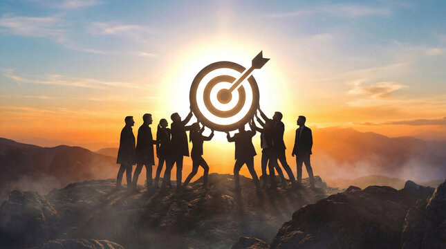 Business team achieving goal and success at mountain summit with target symbol at sunrise.