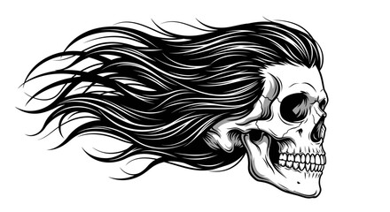 A striking black and white illustration of a human skull with long, flowing hair blowing in the wind. © herman