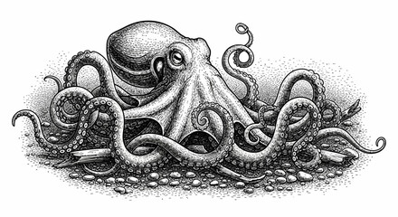 A highly detailed, stippled illustration of an octopus with its tentacles spread out on a bed of pebbles and debris. © herman