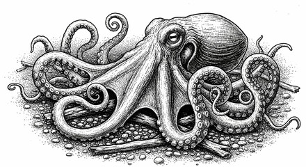 A highly detailed, monochromatic illustration of an octopus with its tentacles spread out amongst pebbles and driftwood. © herman