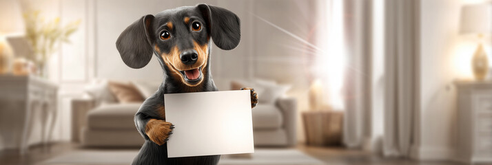 An Adorable Dachshund Dog Standing Upright while Holding a Blank Sign with Copy Space in a Bright Modern Living Room. Template Ideal for Pet Care, Veterinary, and Marketing Messages. Generative Ai.