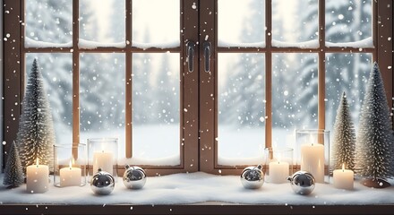 Fototapeta premium Cozy window scene with snow falling, candles, ornaments, and mini Christmas trees