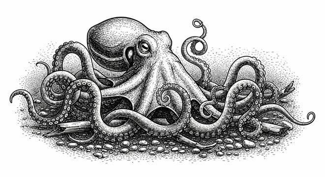 A highly detailed, stippled illustration of an octopus with its tentacles spread out on a bed of pebbles and debris.