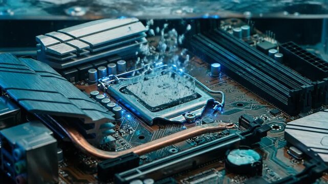 Close up of a computer motherboard submerged in clear liquid, with the central processing unit overheating and creating intense bubbling as blue electronic lights flash underneath the surface