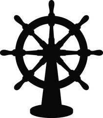 Minimal vector silhouette, nautical ship&rsquo;s wheel mounted on a small stand, solid black, isolated on white.