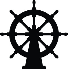 Minimal vector silhouette, nautical ship&rsquo;s wheel mounted on a small stand, solid black, isolated on white.