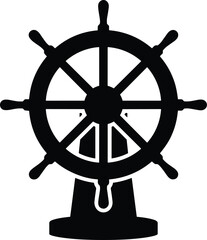 Minimal vector silhouette, nautical ship&rsquo;s wheel mounted on a small stand, solid black, isolated on white.