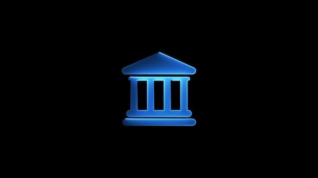 Neon blue bank building with columns and triangular roof on black background