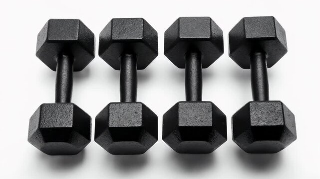 A high-angle shot of four black cast-iron dumbbells arranged on a white backdrop, demonstrating symmetry. Their surfaces have a subtle texture