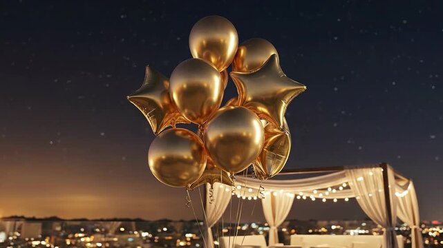 Golden balloons floating on rooftop terrace at night with city lights and stars