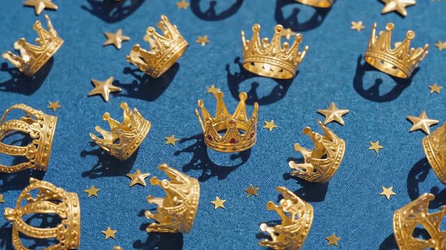Golden Crowns and Stars Pattern on Blue Background Seamless Loop