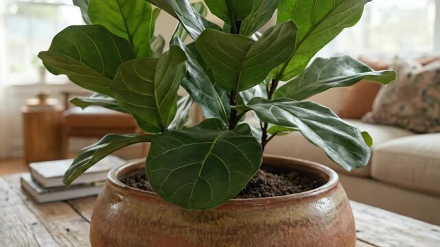 Potted fiddle leaf fig plant with broad green leaves displayed on a rustic wooden table in a cozy living room setting with soft furnishings and natural light