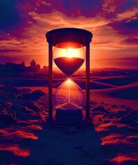 A sand timer is set in a desert at sunset
