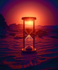 A sand timer is set on a desert landscape with a sunset in the background