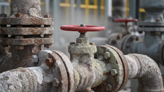 Detailed view of corroded industrial pipeline system with a red valve, steam rising in a factory setting.