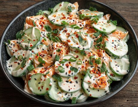 Un primer plano de una ensalada de pepino y salm&oacute;n con salsa picante y cebolleta fresca.
