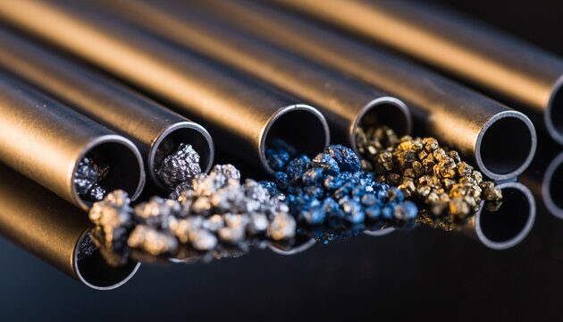 Assorted metal pellets Page inside metallic pipes on a dark reflective surface