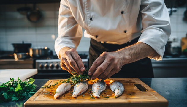 Chef preparing fish on a wooden cutting board in a professional kitchen environment viewed from the side