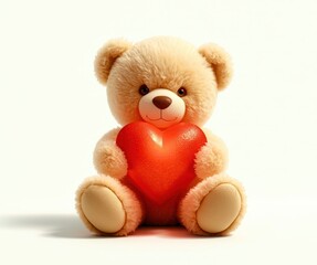 A teddy bear is holding a heart in its mouth