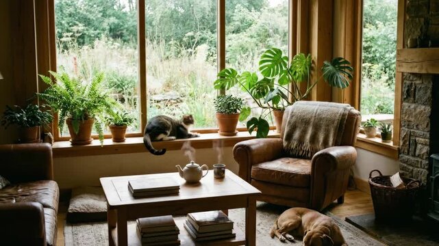 Domestic scene featuring a tabby cat lounging on a windowsill, with a dog resting on the floor and lush greenery visible in a cozy living room setting