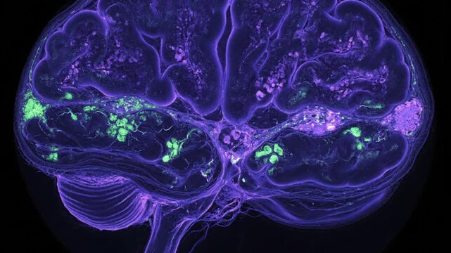 Mesmerizing Cinematic Fluorescent Slice of Living Brain Tissue Activity