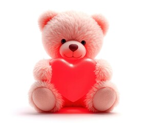 A pink teddy bear holding a red heart