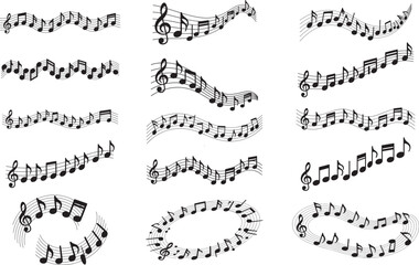 Obraz premium Musical Notes Wave Collection Black and White Vector Illustration Set Flowing Music Staff Lines with Treble Clef Eighth Notes Quarter Notes Wavy Pattern Design Elements for Music Festival Concert Post