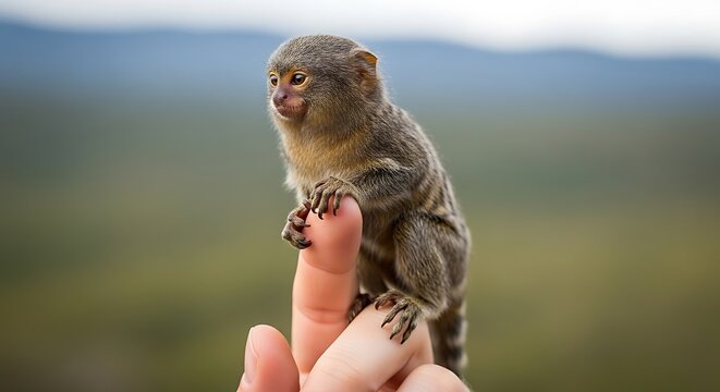 Tiny Pygmy Marmoset Perched on a Human Finger in Nature.