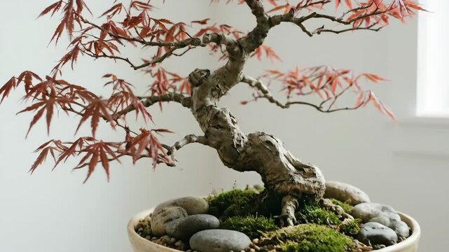 Japanese maple bonsai tree with vibrant red leaves displayed in a round ceramic pot on a wooden pedestal against a bright, minimalist interior setting