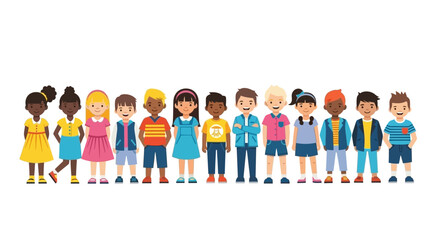 A diverse group of cartoon children standing together in a line, showcasing various ethnicities and clothing styles.