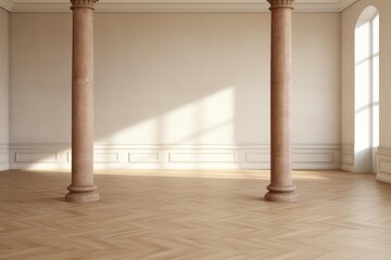 Naklejka premium Empty classical room interior with two columns, parquet floor, and sunlight streaming through a window