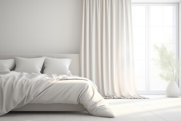 Fototapeta premium Bright bedroom interior with white bed, curtains, and minimalist aesthetic