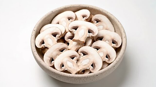 Fresh Sliced Champignon Mushrooms Rotating in Bowl on White Background