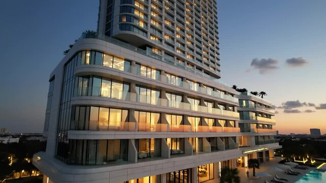 The modern hotel showcases sleek architecture with large windows reflecting the sunset. A poolside area complements the elegant design of the hotel, enhancing the overall ambiance.